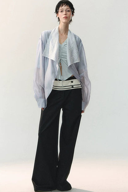Folded Embroidery Plant Texture Shirt Set