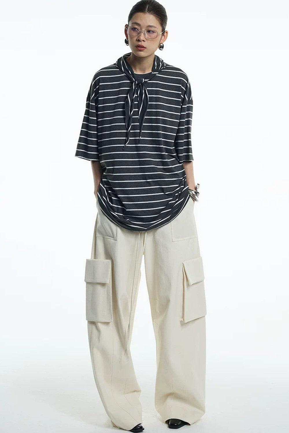 Oversize Gray White Striped Mid-Sleeve Tee