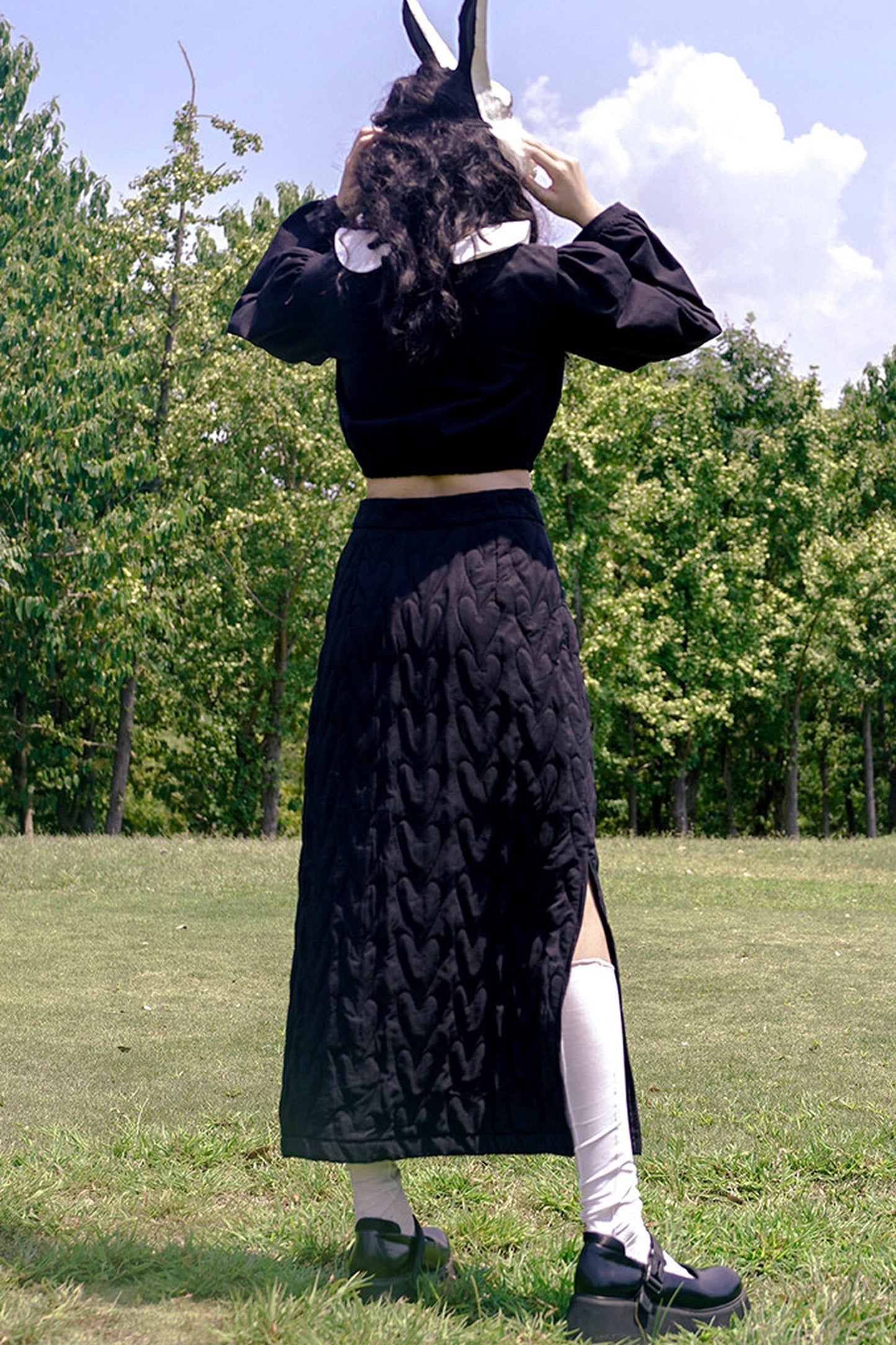 Heart Jacquard Slit Skirt