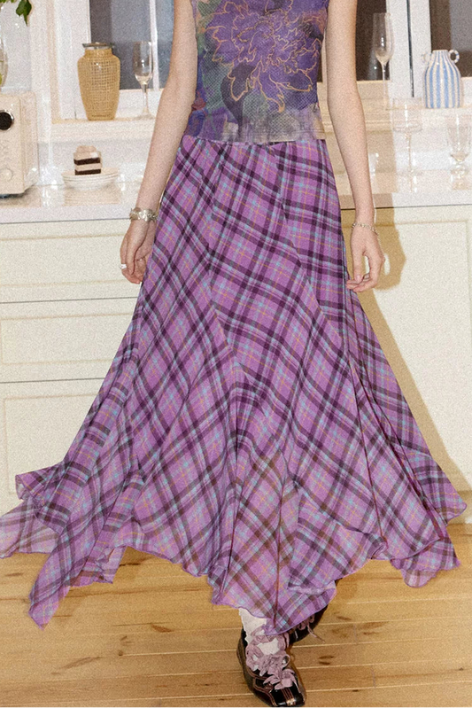 Asymmetrical Color-Block Plaid Chiffon Skirt