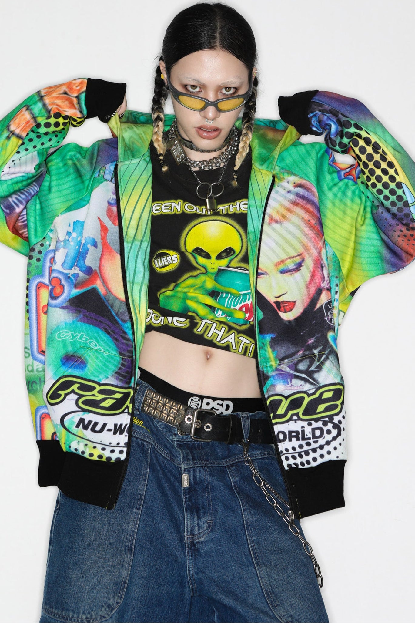 Y2K Alien Rave Print Hooded Jacket