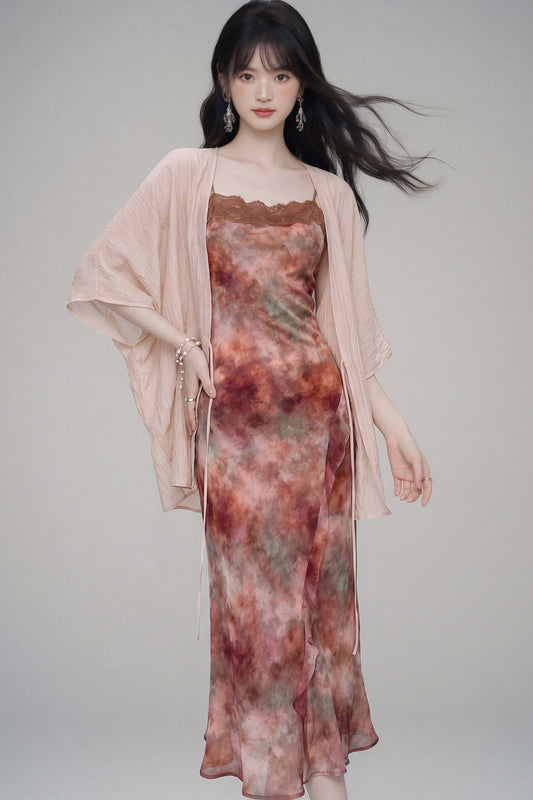 Gradient Print Suspender Dress with Cardigan Set-Up