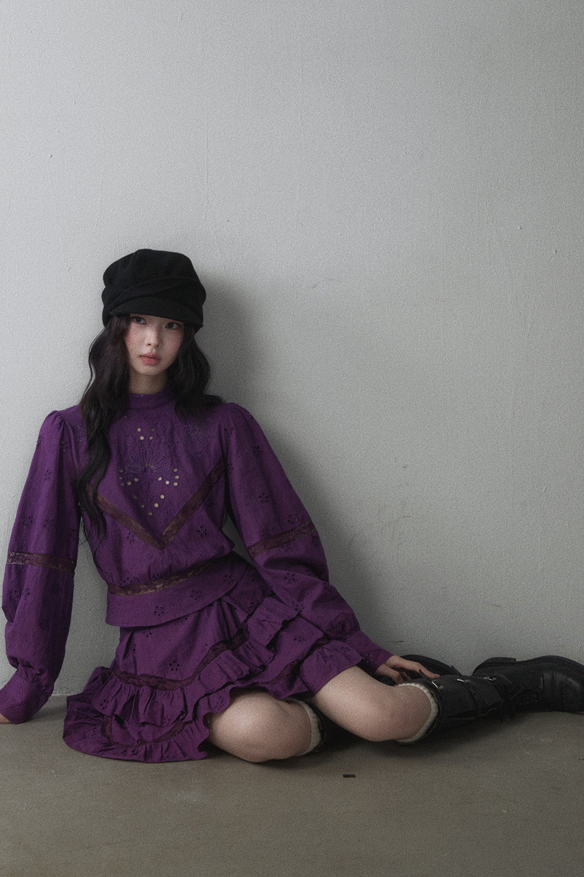 Pure Cotton Cut Out Shirt and Multi-Layered Asymmetrical Ruffle Skirt