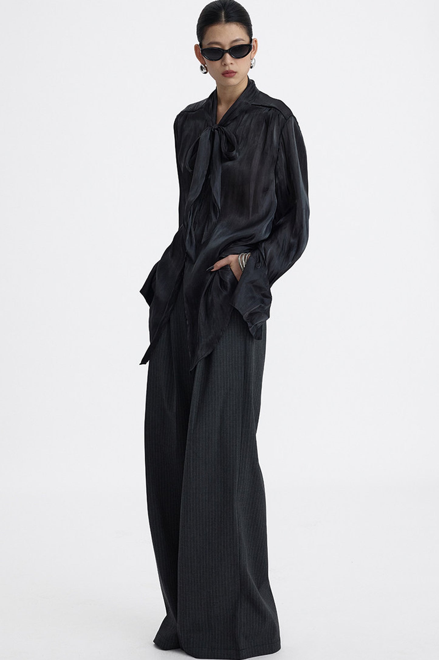 Pleated Pinstripe Wide-Leg Trousers