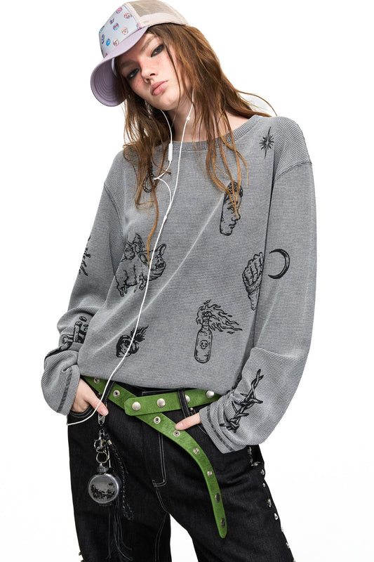 Distressed Skull Print Waffle Long-Sleeve T-Shirt