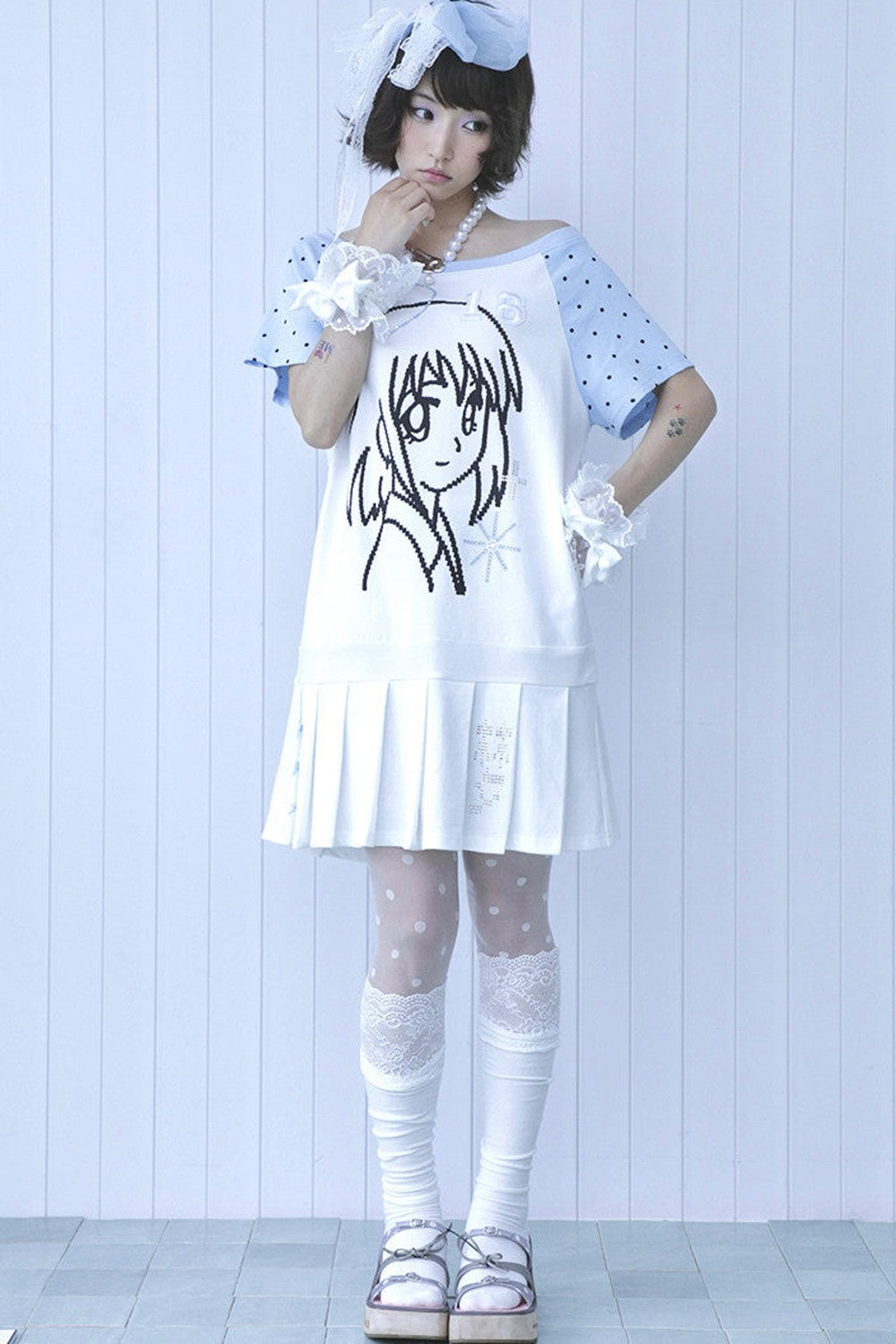 Blue White One-Shoulder Pleated Dress
