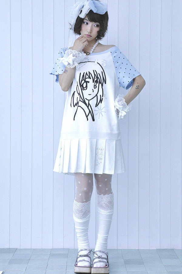 Blue White One-Shoulder Pleated Dress