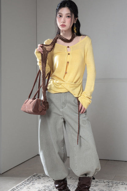 Bright Yellow Knot Sweater and Camisole Set