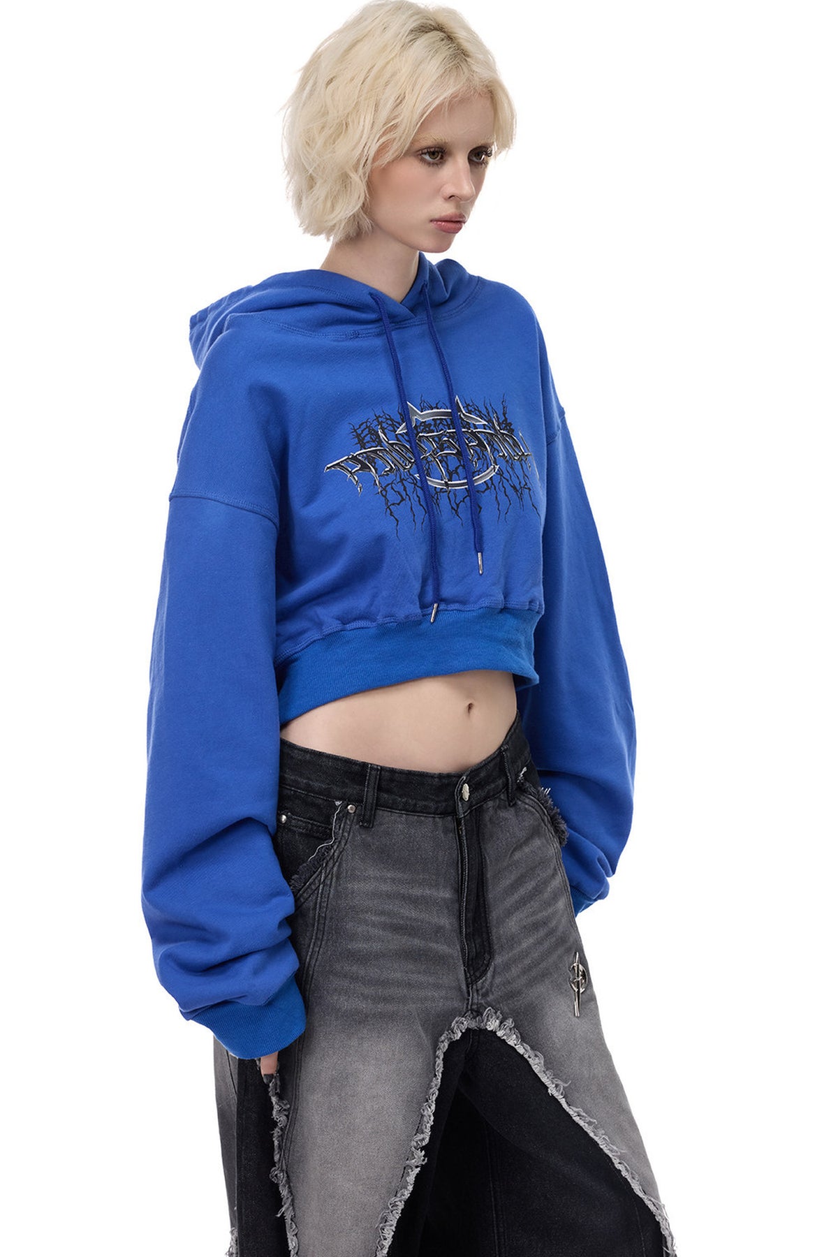 Thorn Print Open Back Cropped Hoodie