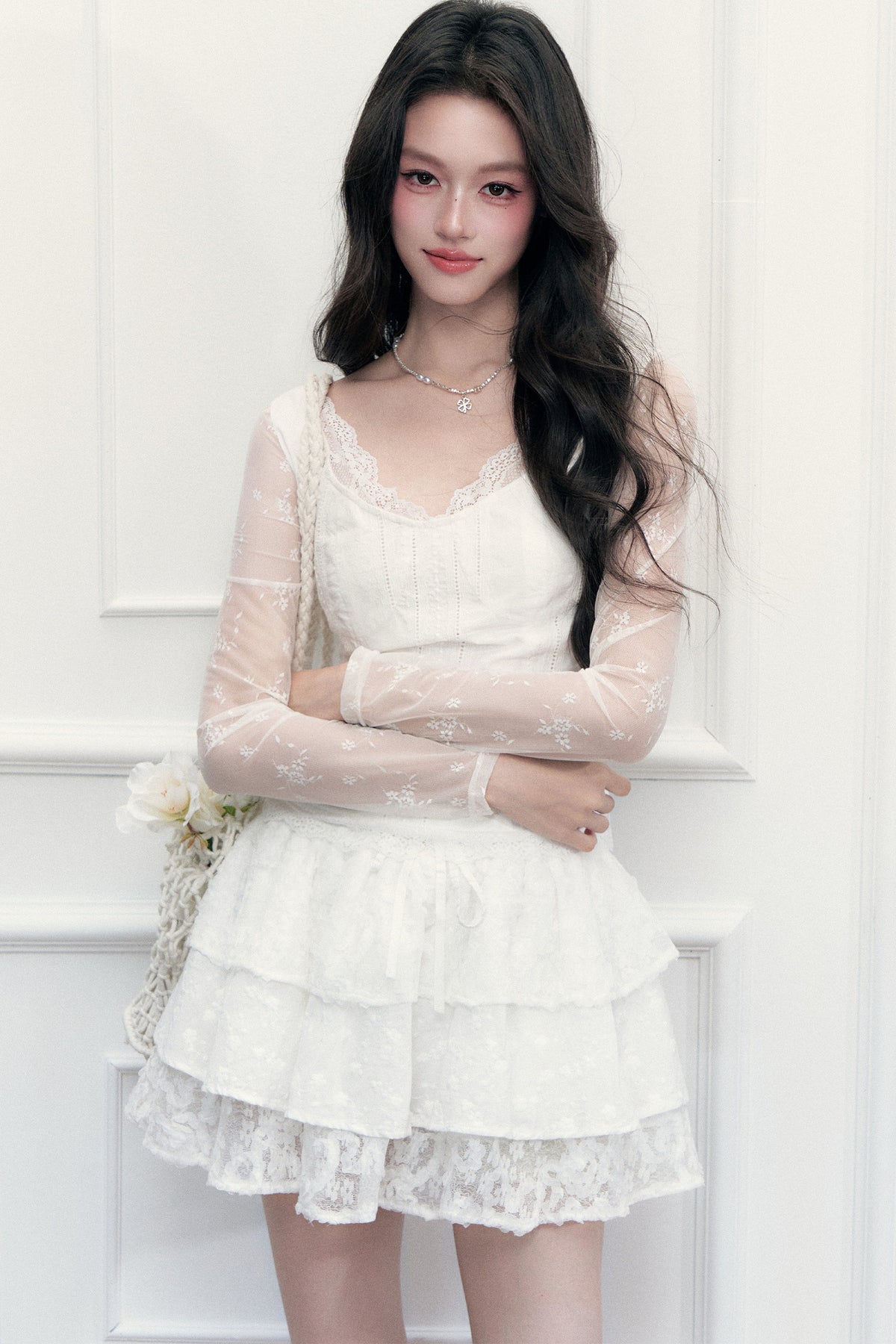 Lace Embroidered Top and Skirt Set-Up