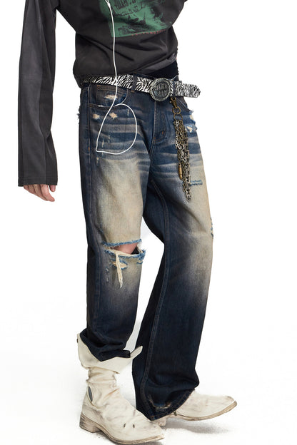 Gradient Washed Distressed Flared Jeans