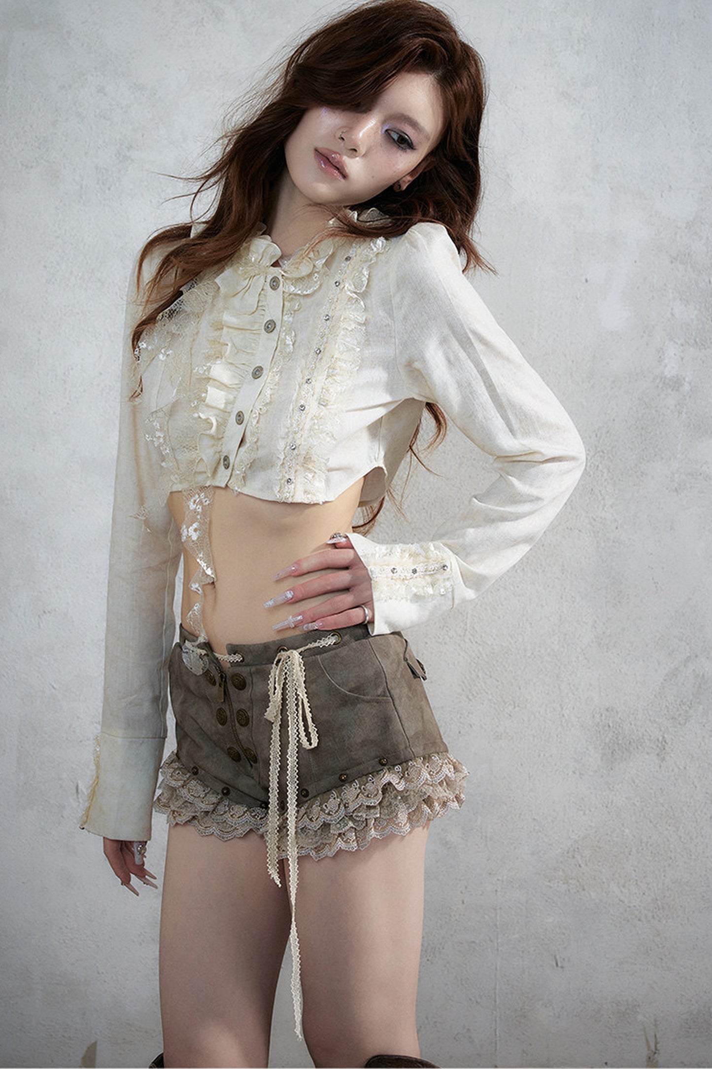 Asymmetric Polka Dot Striped Lace Shirt