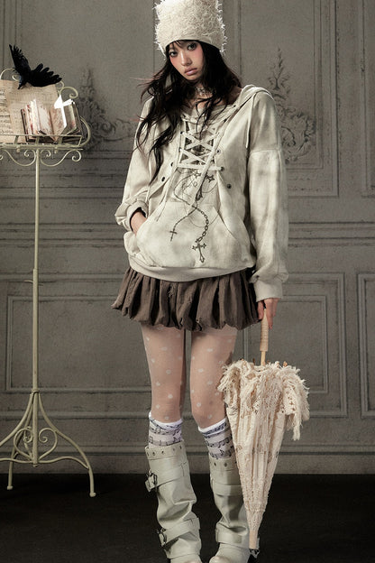 Distressed Drawstring Cross Print Hooded Pullover Sweatshirt