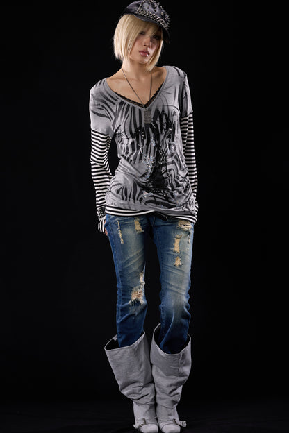 Zebra Print Layered-Look Long Sleeve T-Shirt