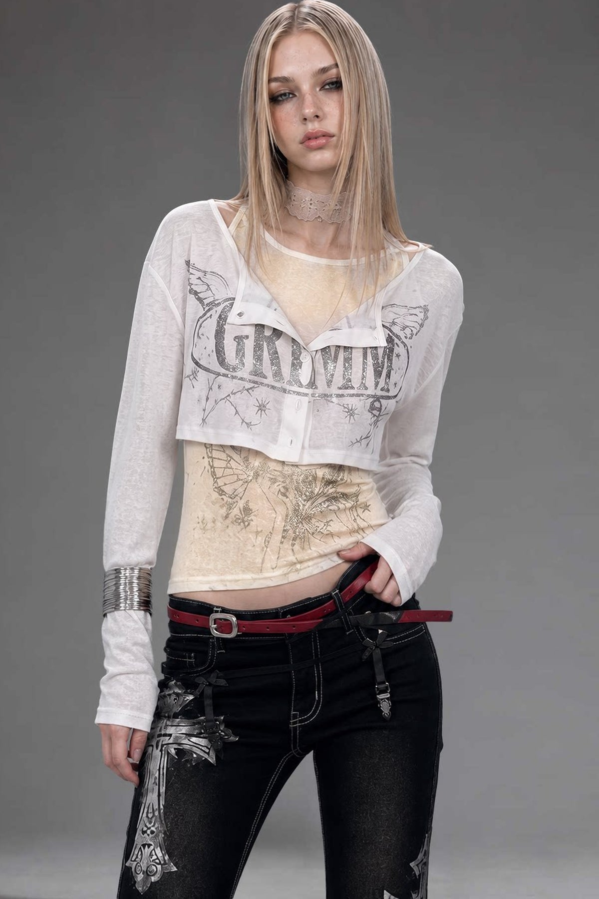 Silver Letter Print Long-Sleeve T-Shirt Set-Up