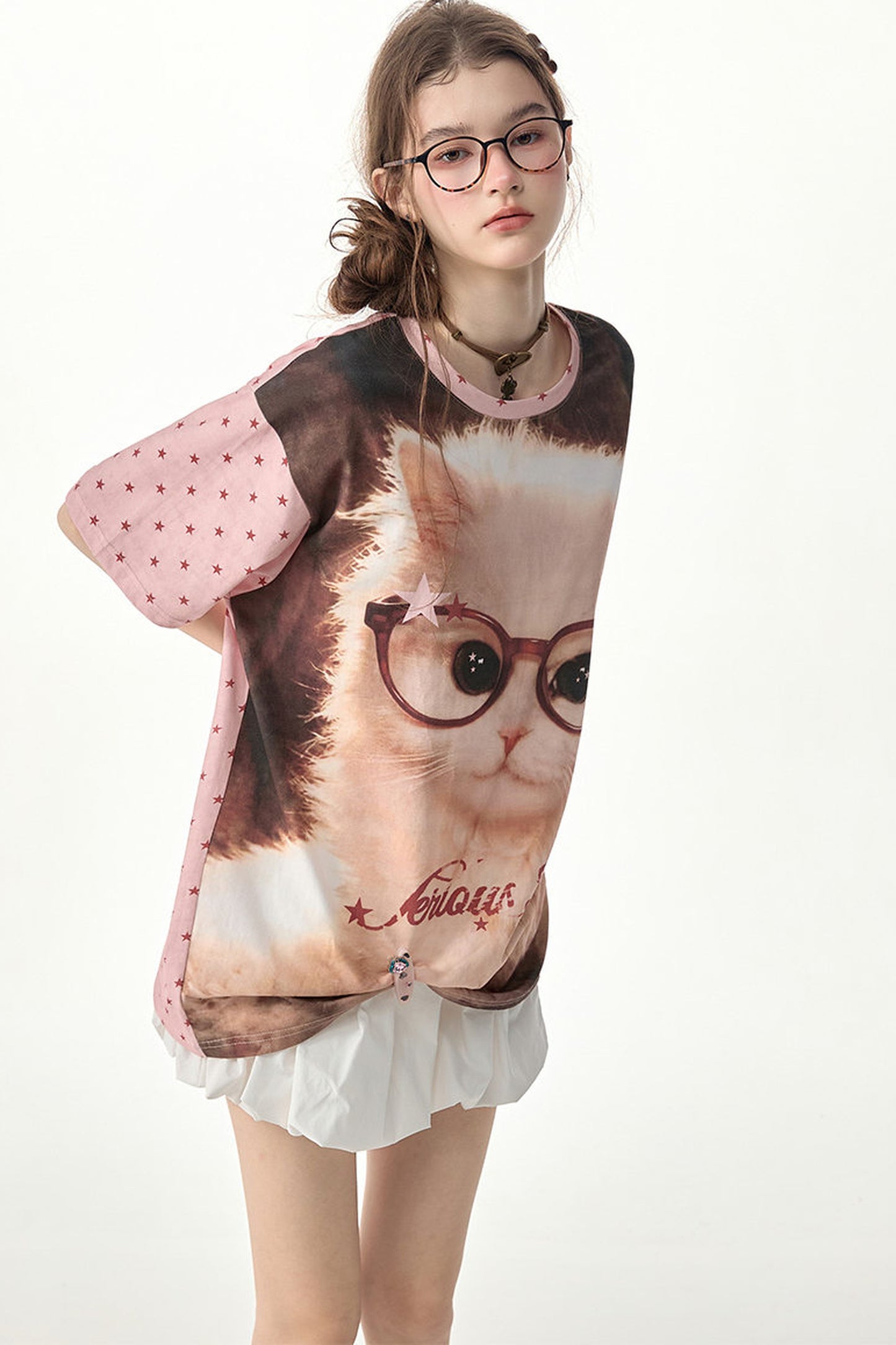 Lockeres T-Shirt mit Rundhalsausschnitt und pinkem Stern-Katzenprint