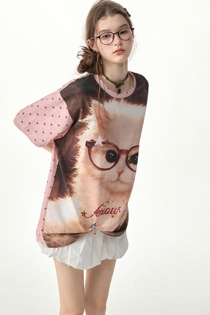 Lockeres T-Shirt mit Rundhalsausschnitt und pinkem Stern-Katzenprint