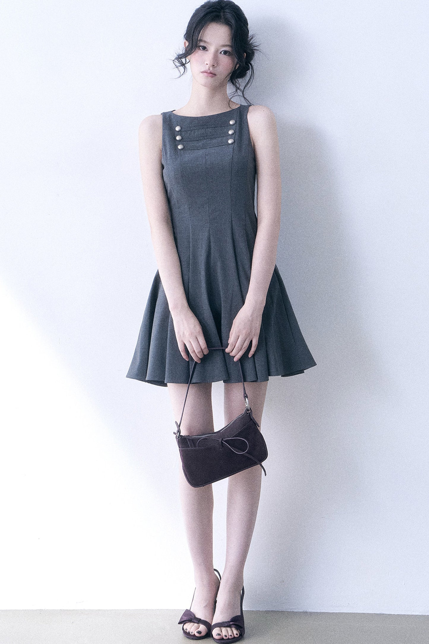 Decorative Button Sleeveless Flared Dress
