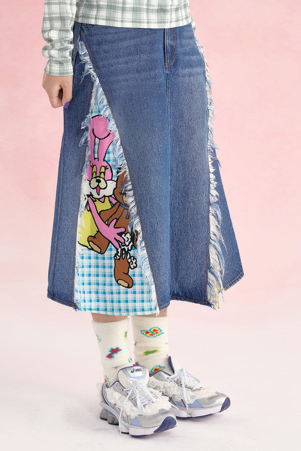 Patchwork Denim Plaid Heart Fringe Skirt