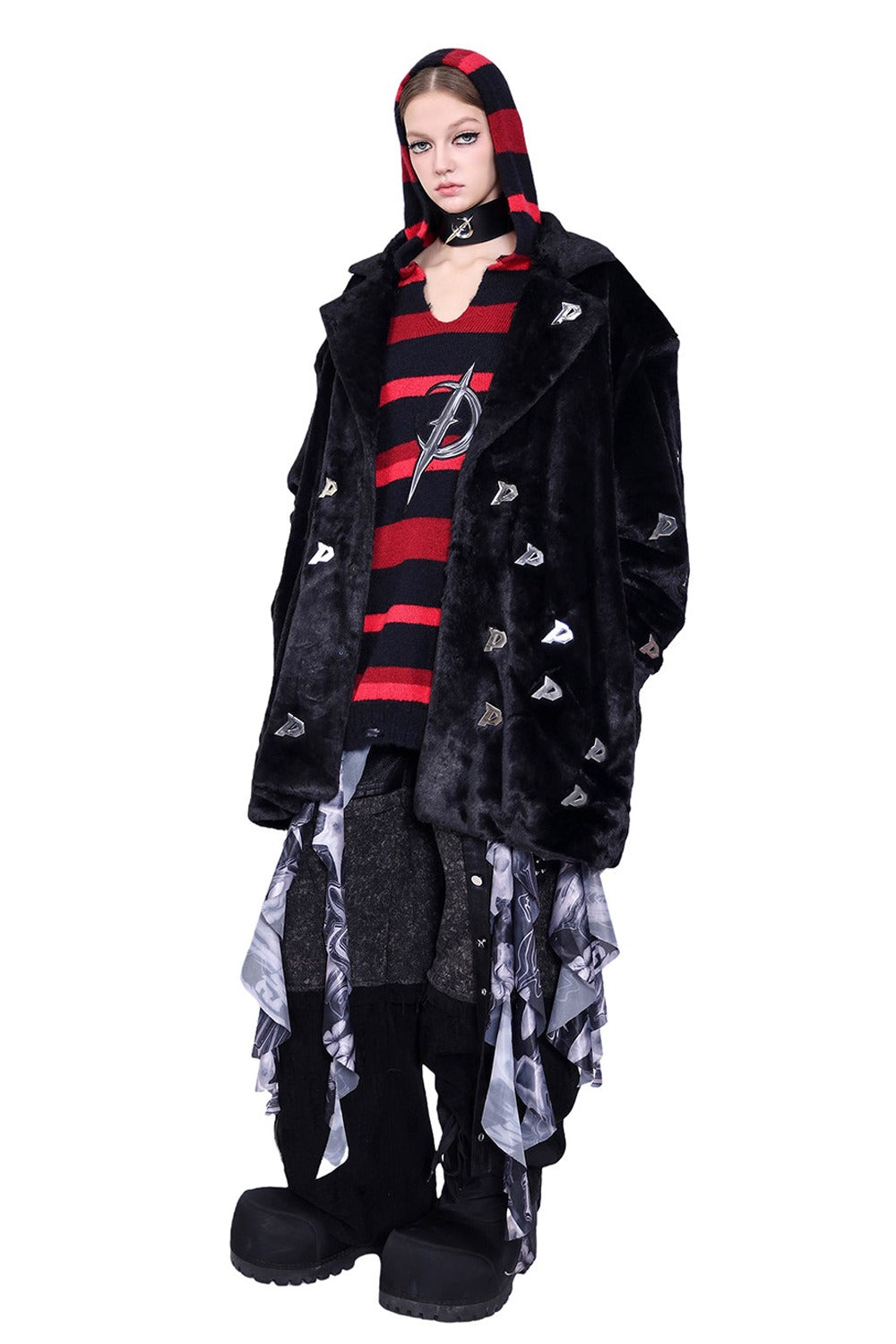 Letter Quilted Shoulder Pads Genderless Black Fur Jacket