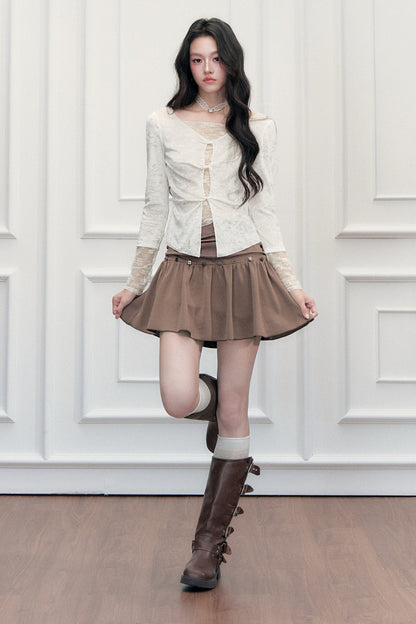 Misty Twisted Hollow Lace Spliced T-Shirt and Skirt Set-Up