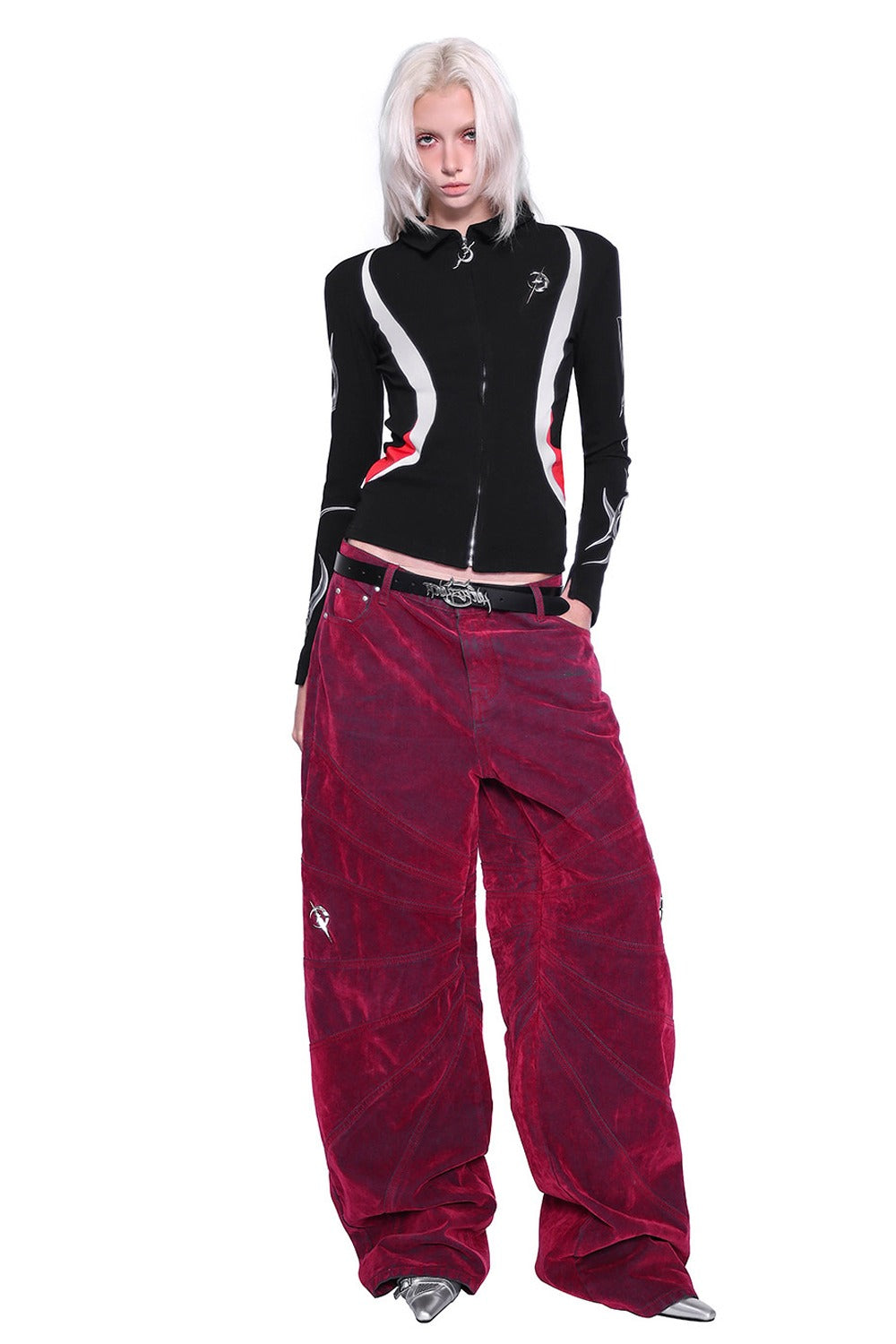 Red Ray Structure Velvet Loose Fit Jeans