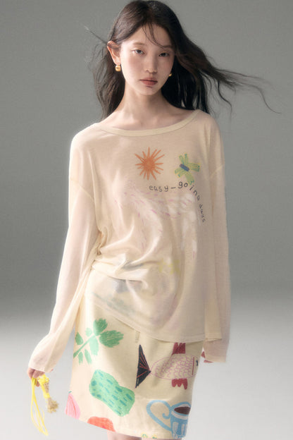 Long-Sleeve Fruit Vegetable Dog Print T-Shirt Set-Up