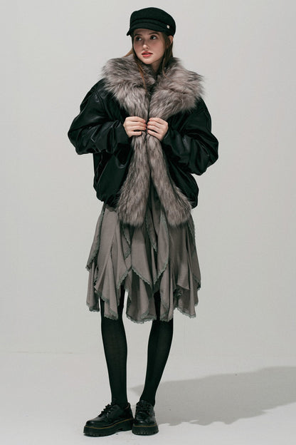 Large Fur Collar Leather Jacket