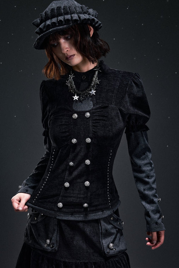 Double-Breasted Light Corduroy Patchwork Top