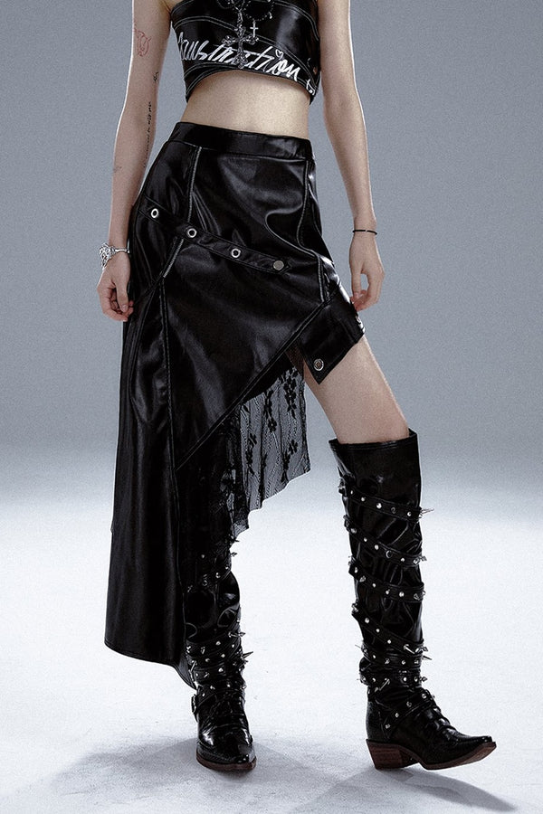 Asymmetric PU Leather Patchwork Skirt
