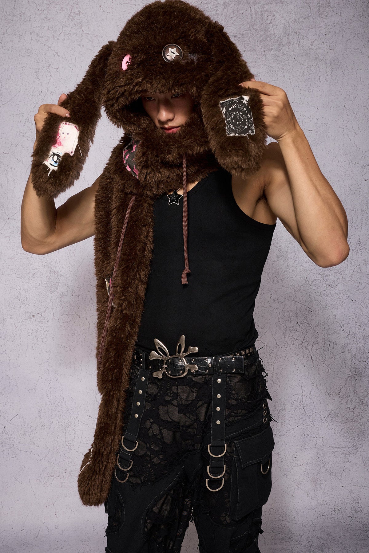 Brown Patchwork Lop-Eared Rabbit Hooded Scarf