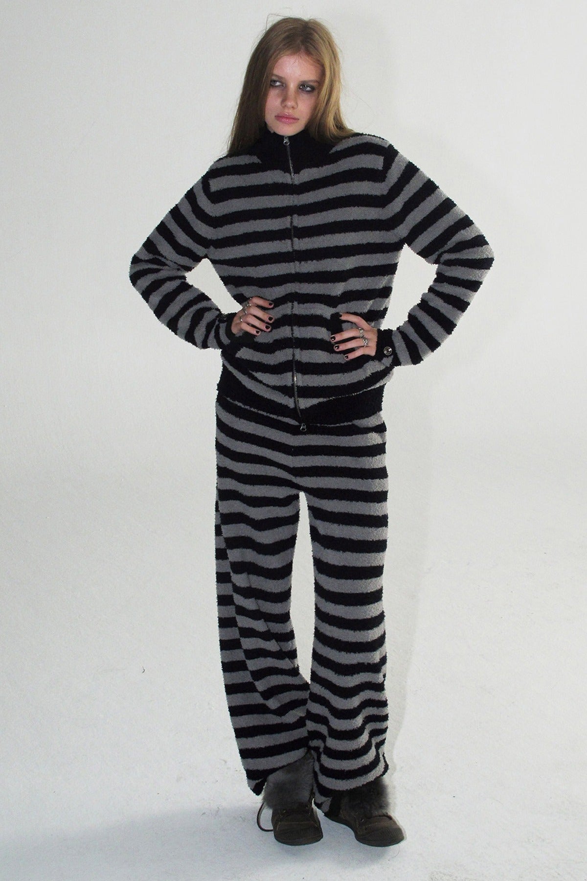 Striped Zip Cardigan and Pants Set