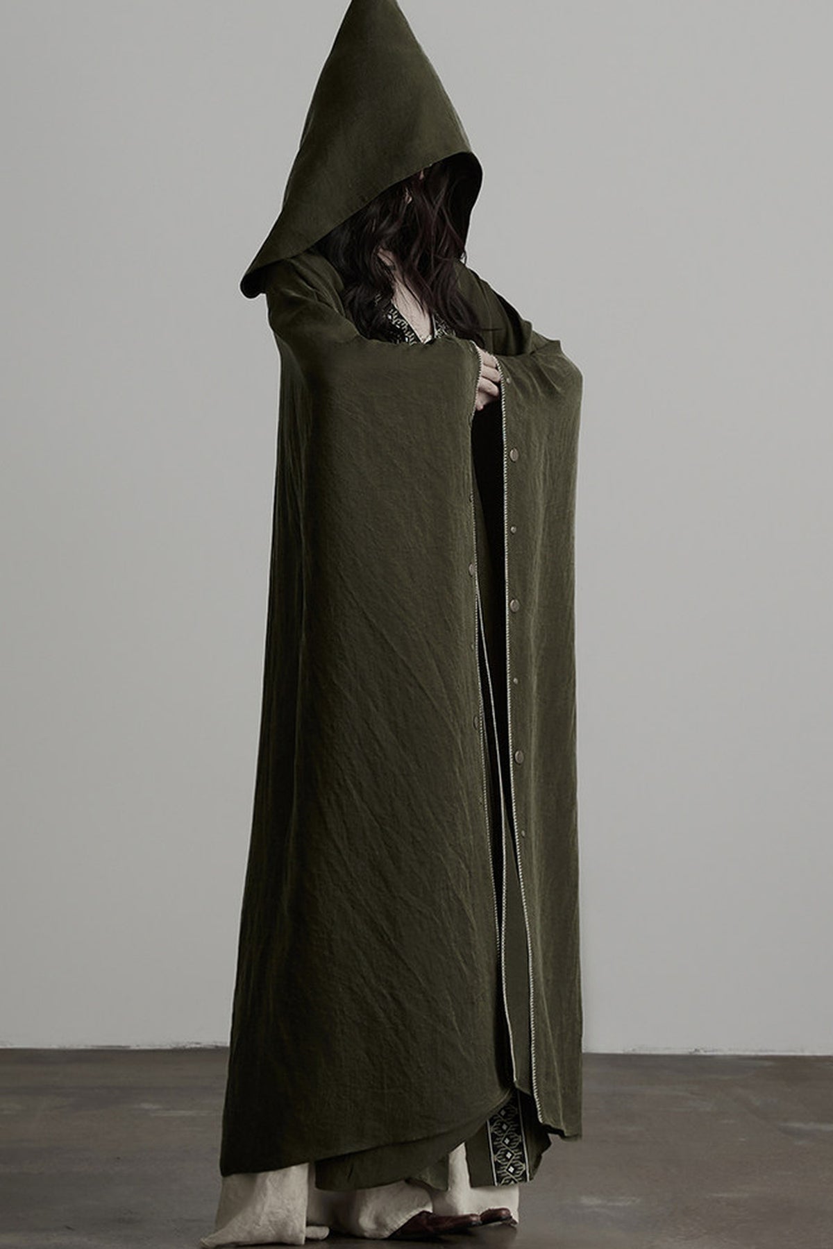 Dark Forest Green Embroidered Detachable Hood Cape