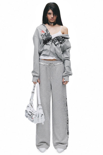 Distressed Print Sweatshirt and Pants Set-Up