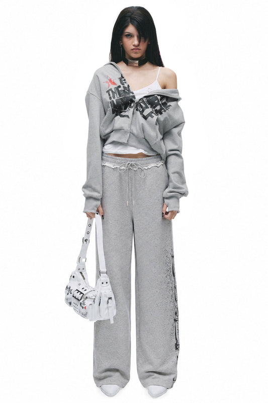 Distressed Print Sweatshirt and Pants Set-Up