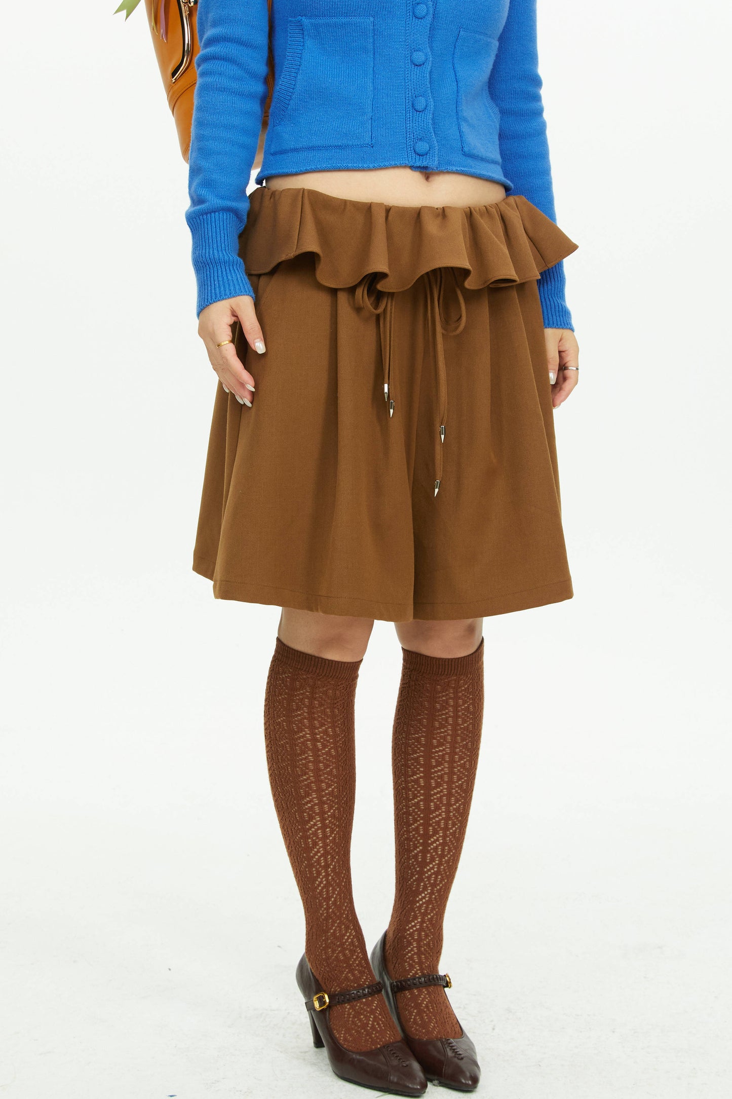 Brown Wide-Leg Ruffle Waist Shorts