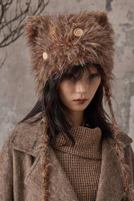 Knitted Plush Cat Earflap Braid Hat