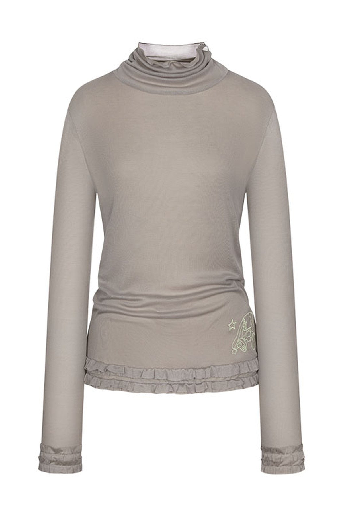 Sheer High Neck Ruffle Hem Top