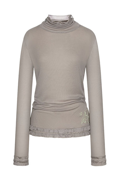 Sheer High Neck Ruffle Hem Top
