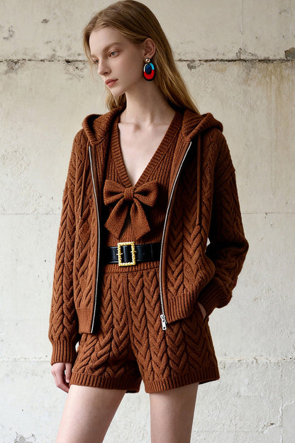 Hooded Cable Knit Cardigan and Shorts Set