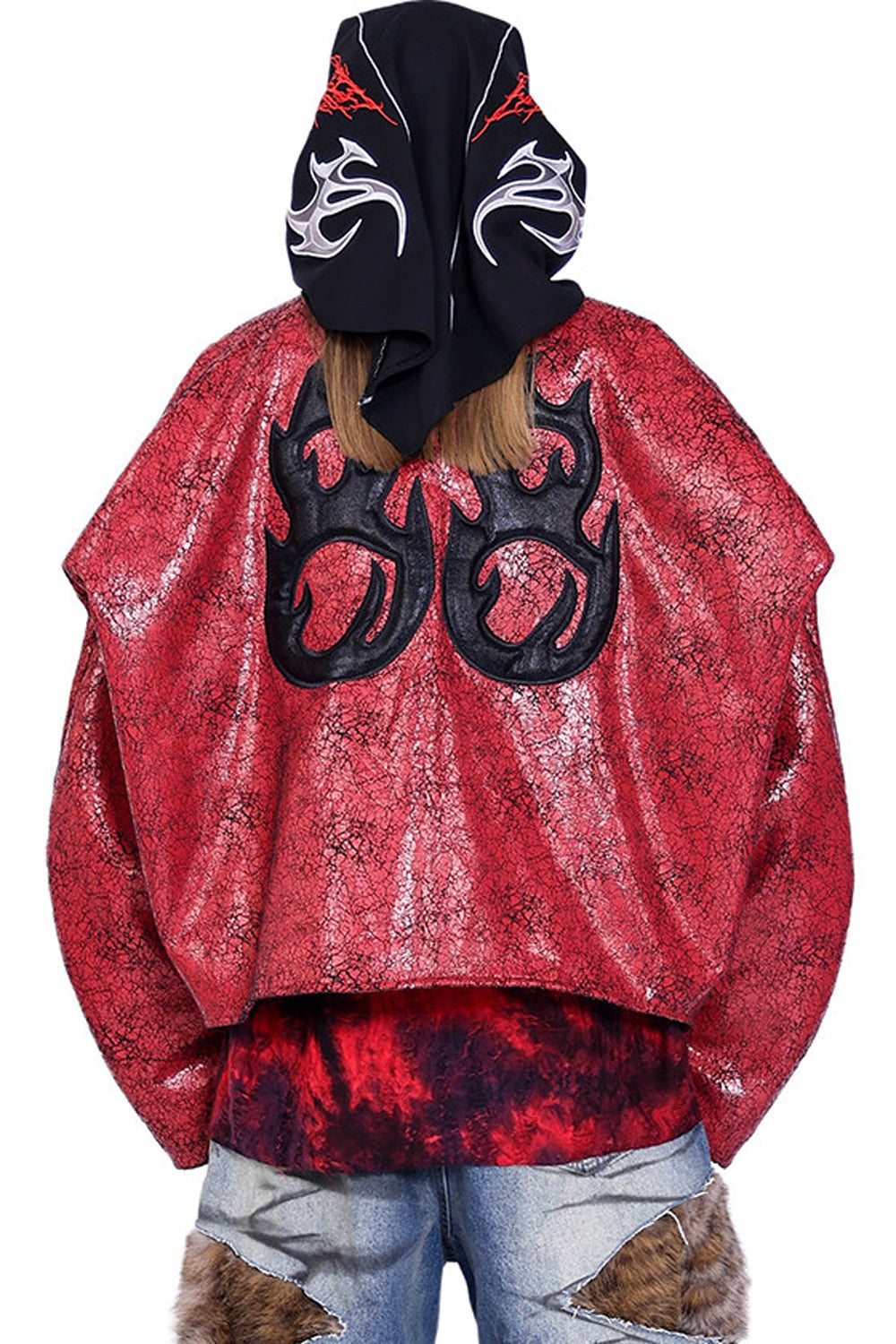 Red Cracked Leather Oversized Jacket