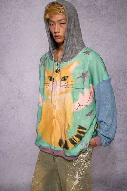 Cat Print Patchwork Sweatshirt Jacket