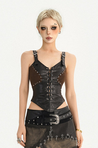 Dark Punk Leather Vest and Skirt Set-Up