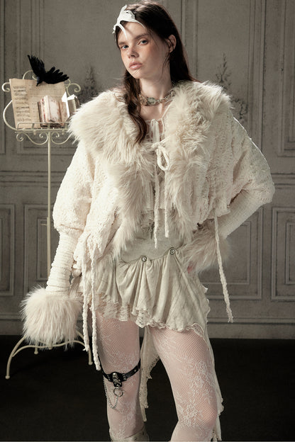Beige Fur Collar Batwing Knit Jacket