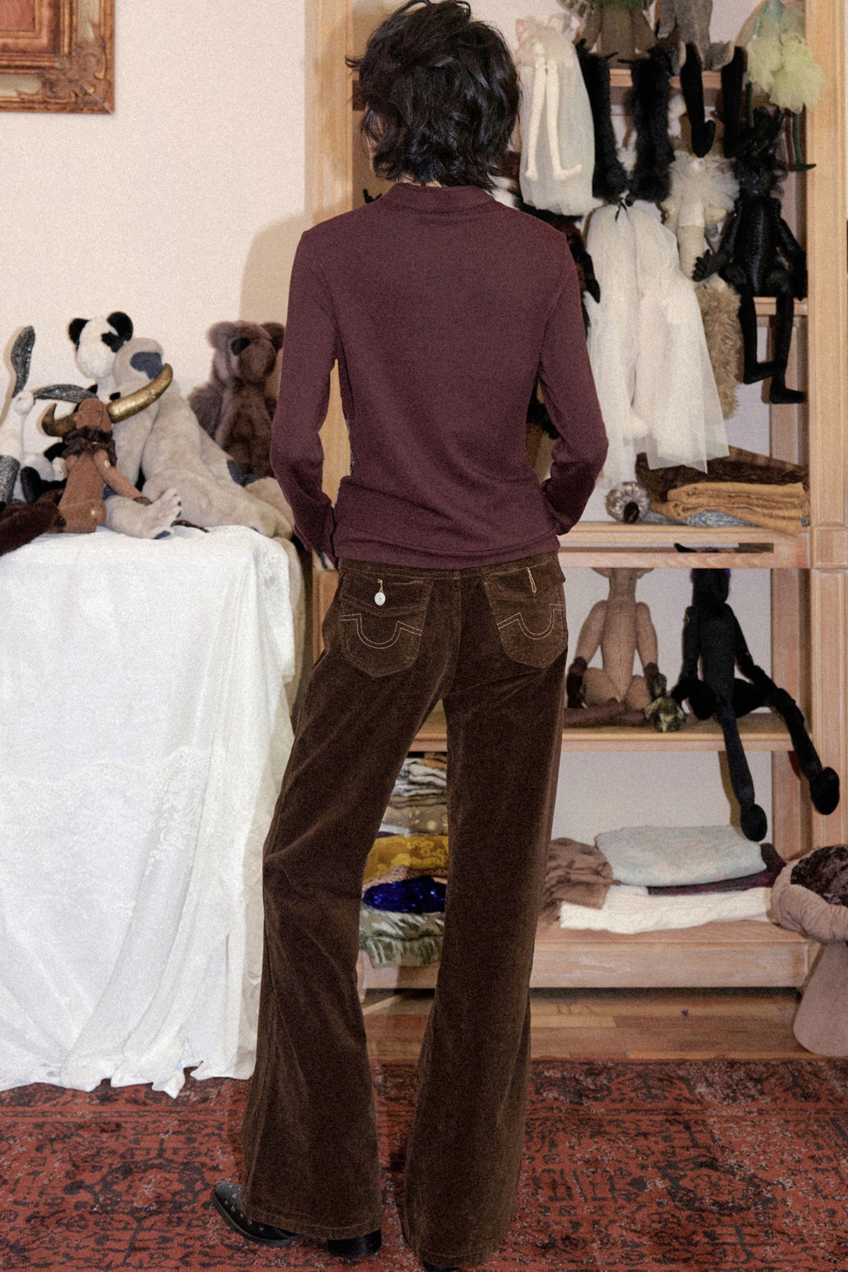 Mandarin Collar Velvet Long-Sleeve T-Shirt