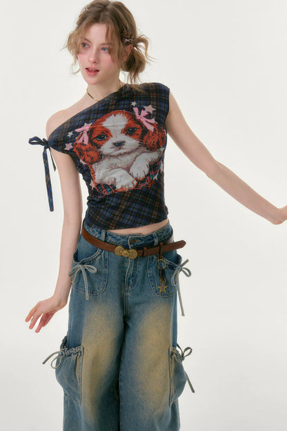 Star Dream Off-Shoulder Plaid T-Shirt