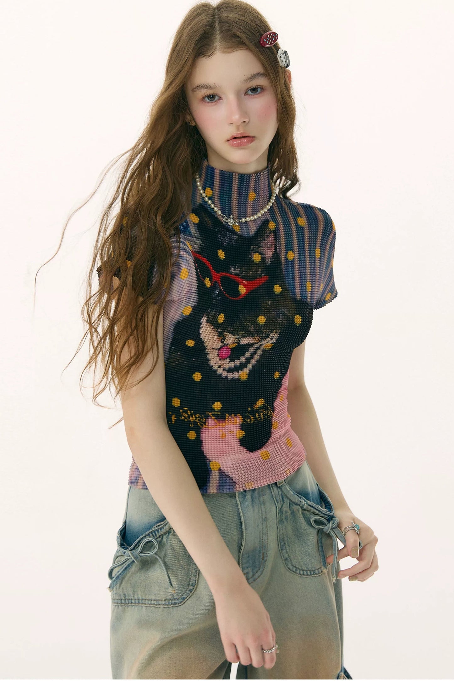 Polka Dot Pleated T-Shirt