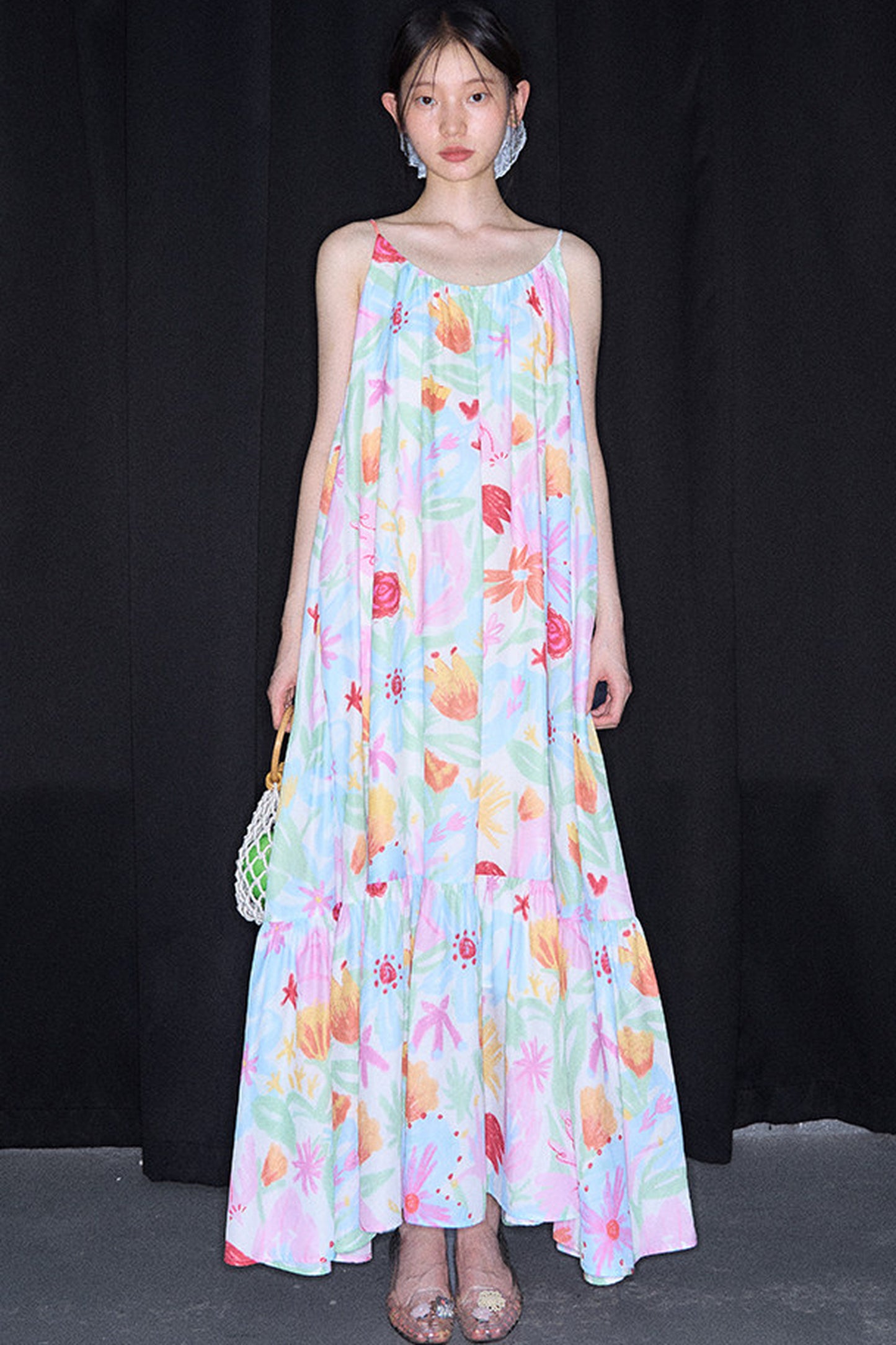 Hand-Painted Watercolor Flower Print Strap Dress