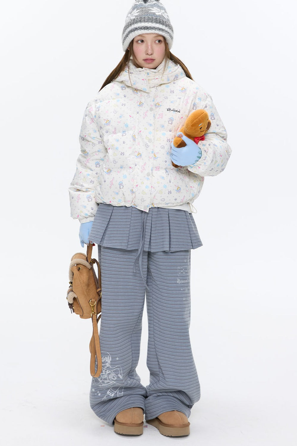 Beige Full Print Hooded Down Jacket