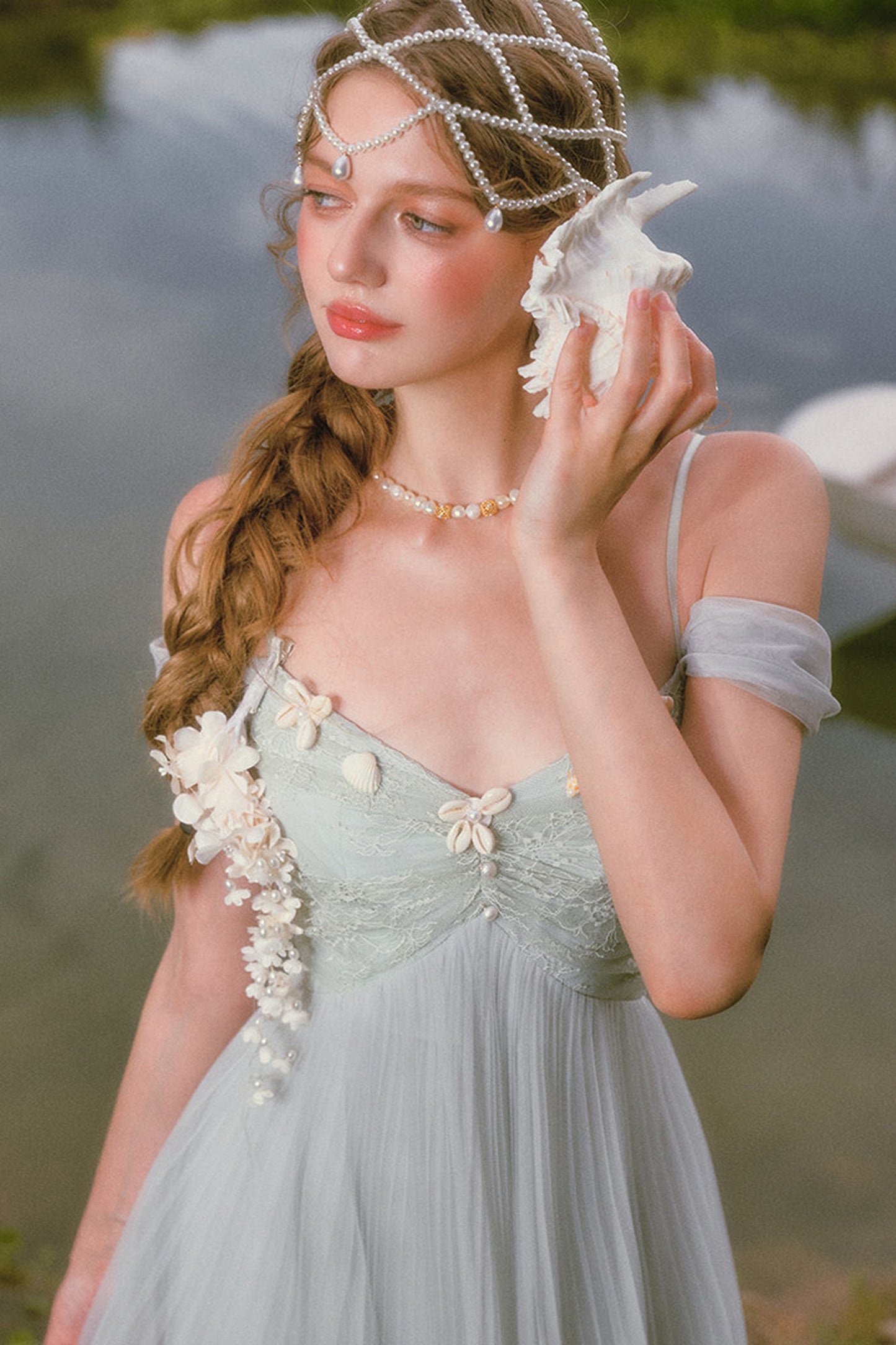 Pearl Shell Pleated Strap Dress